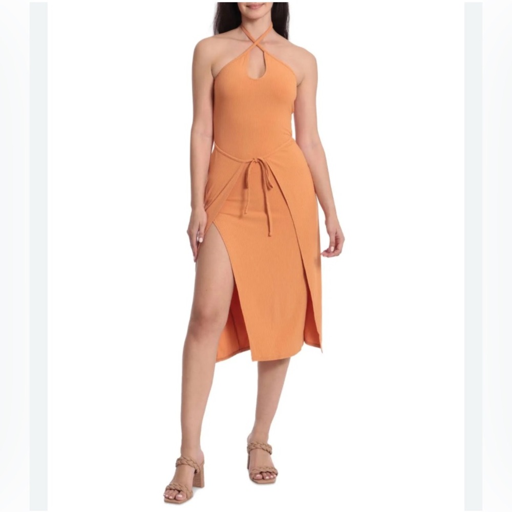 Avec Les Filles Sleeveless Halter Tie Front Waist with Slit Bodycon Dress, Large